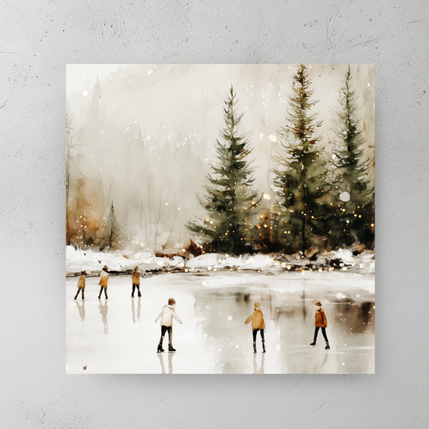 winter skaters on frozen lake watercolor wall art print