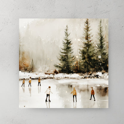 winter skaters on frozen lake watercolor wall art print