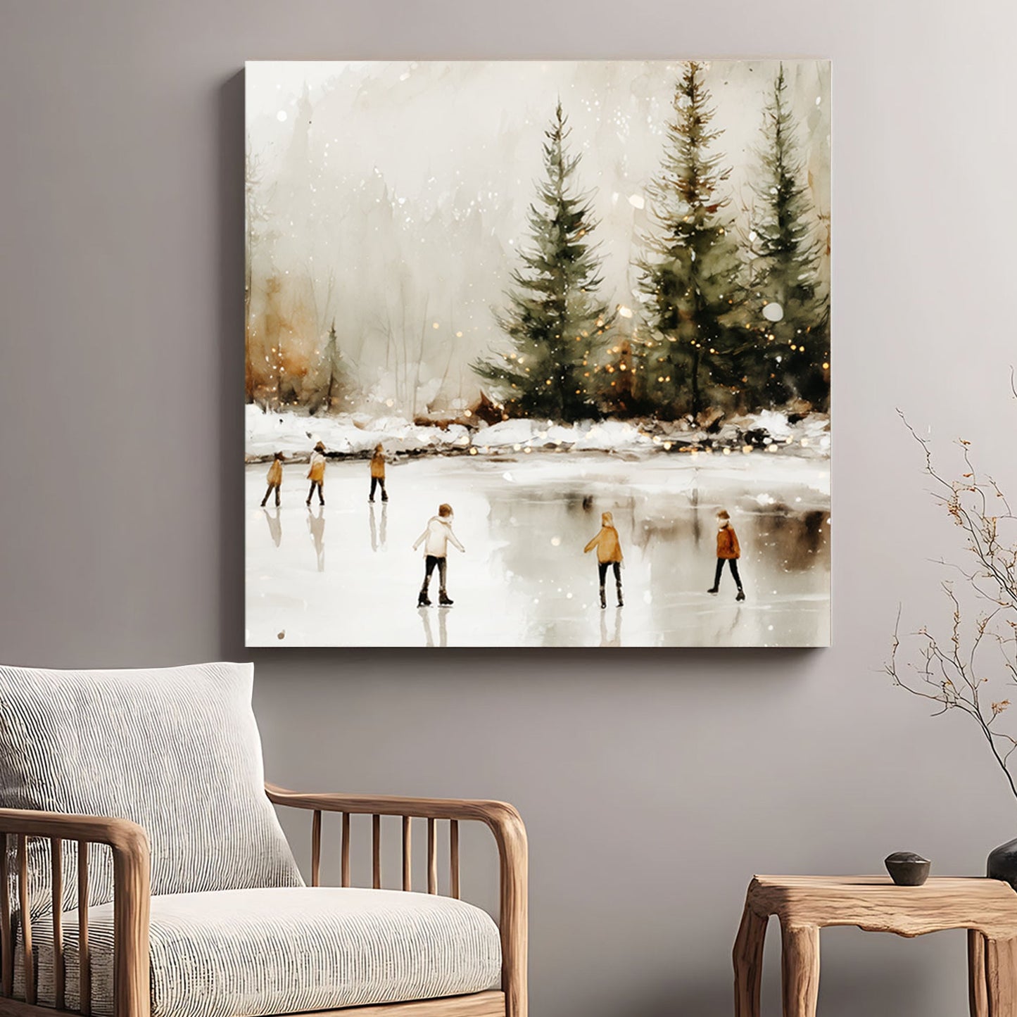 winter skaters on frozen lake watercolor wall art print