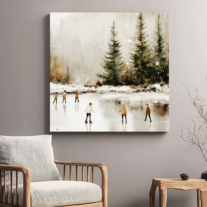 winter skaters on frozen lake watercolor wall art print