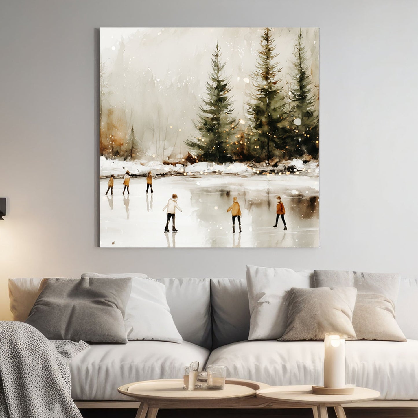 winter skaters on frozen lake watercolor wall art print