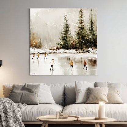 winter skaters on frozen lake watercolor wall art print