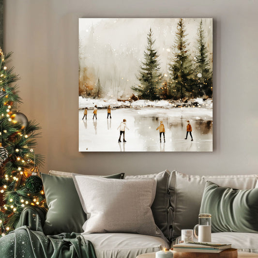 winter skaters on frozen lake watercolor wall art print