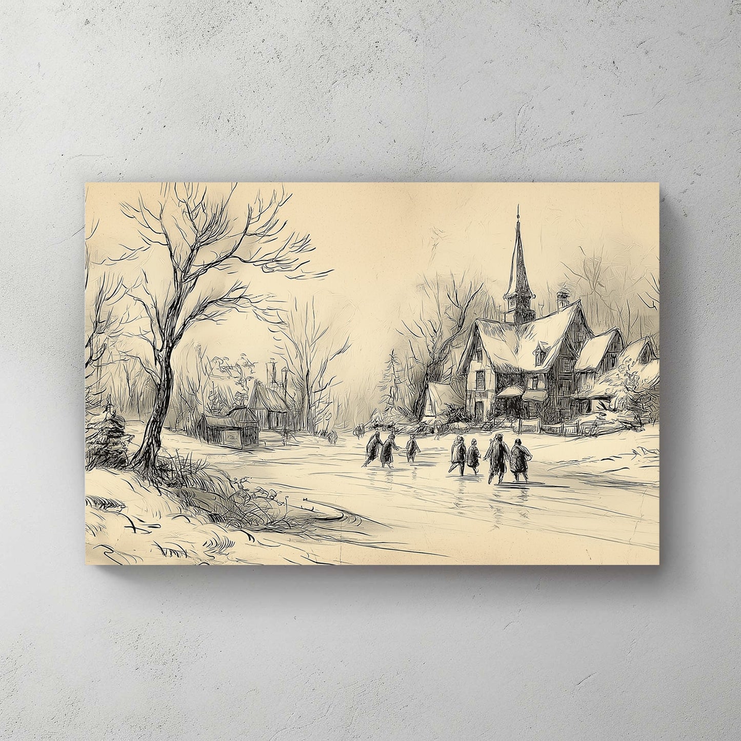 vintage winter village sketch holiday wall art print