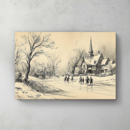 vintage winter village sketch holiday wall art print