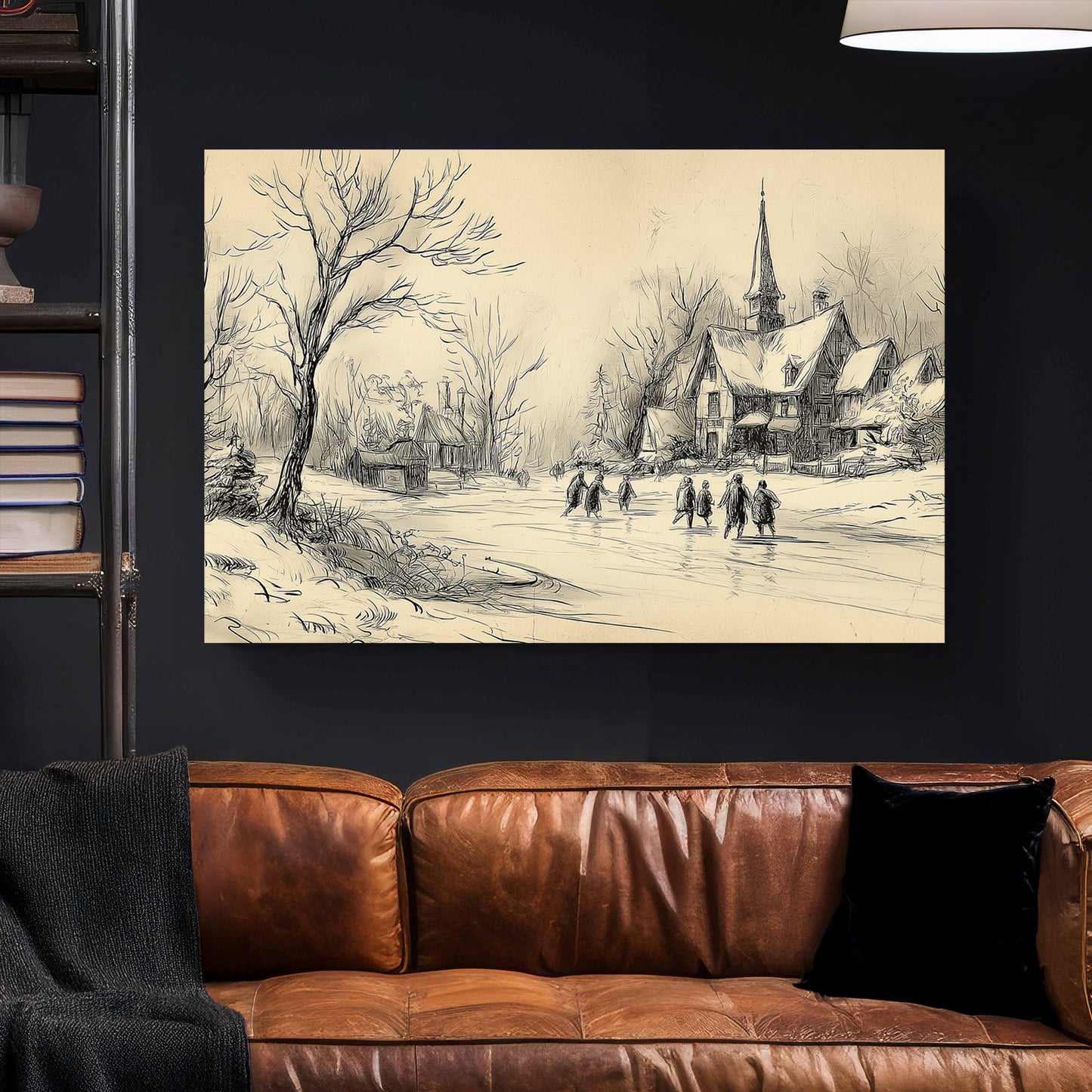 vintage winter village sketch holiday wall art print