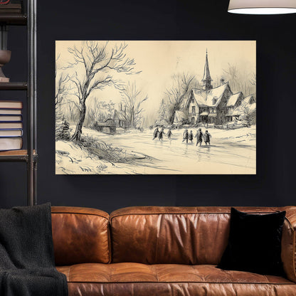 vintage winter village sketch holiday wall art print