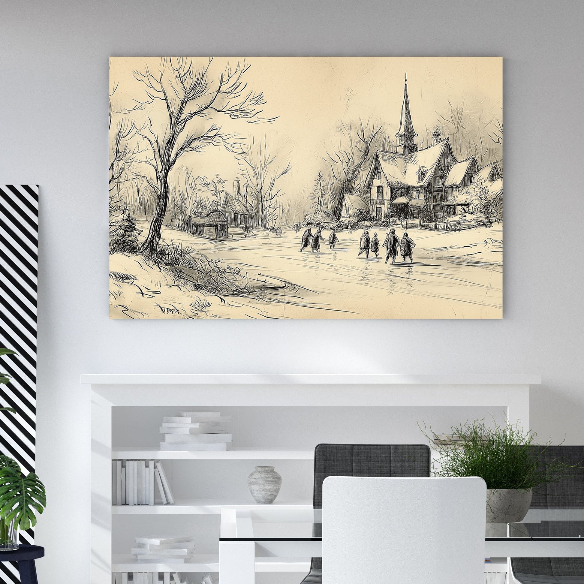 vintage winter village sketch holiday wall art print