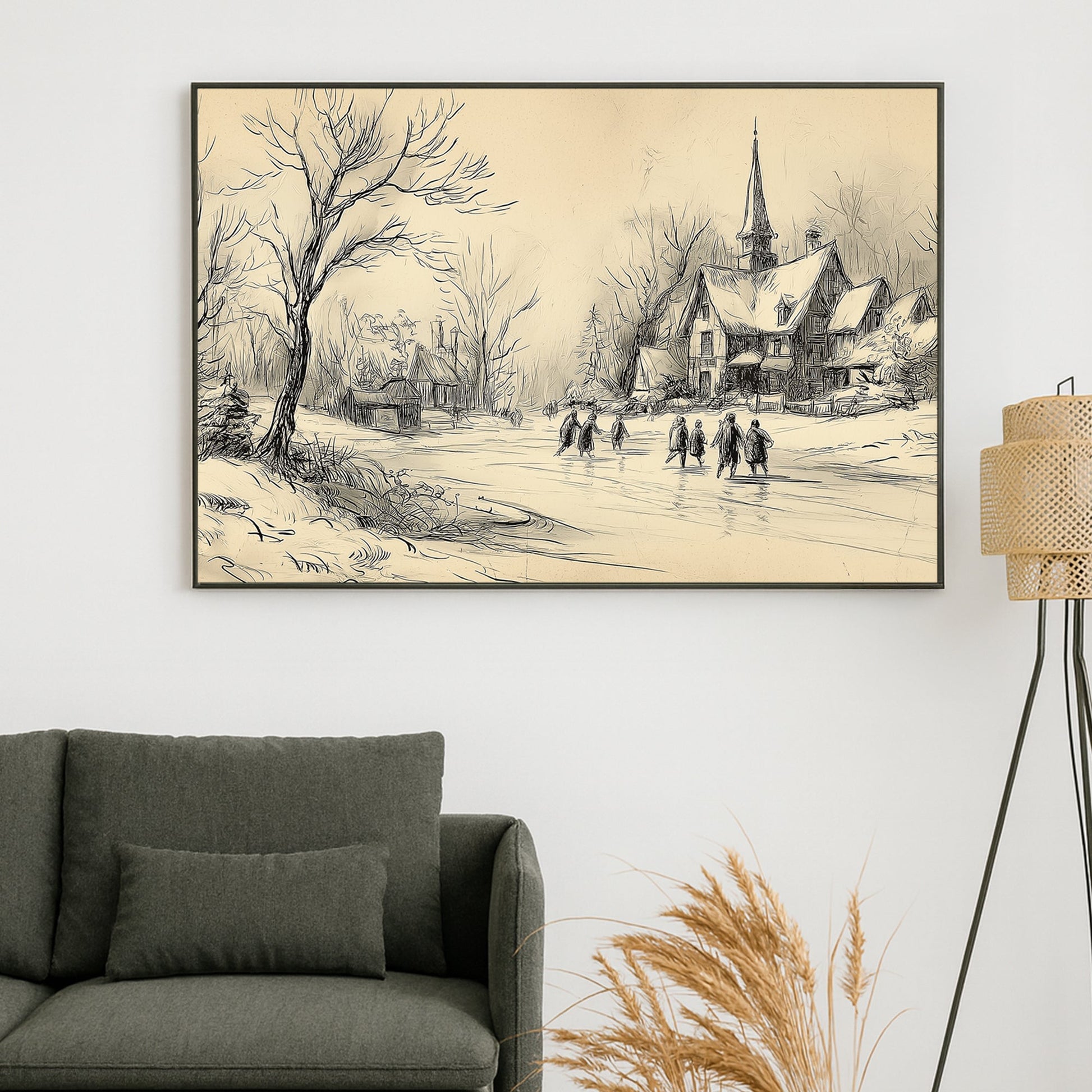 vintage winter village sketch holiday wall art print