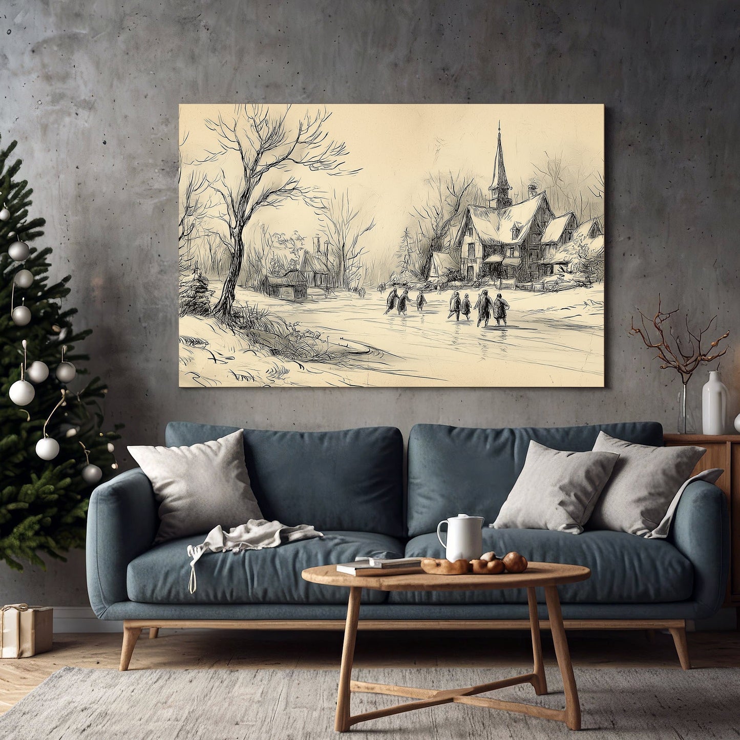 vintage winter village sketch holiday wall art print