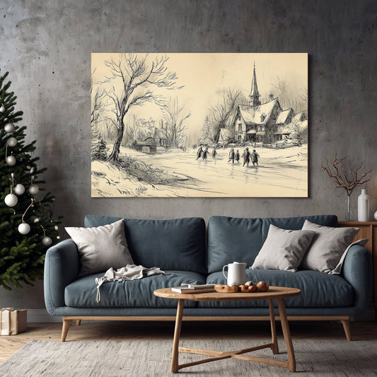 vintage winter village sketch holiday wall art print