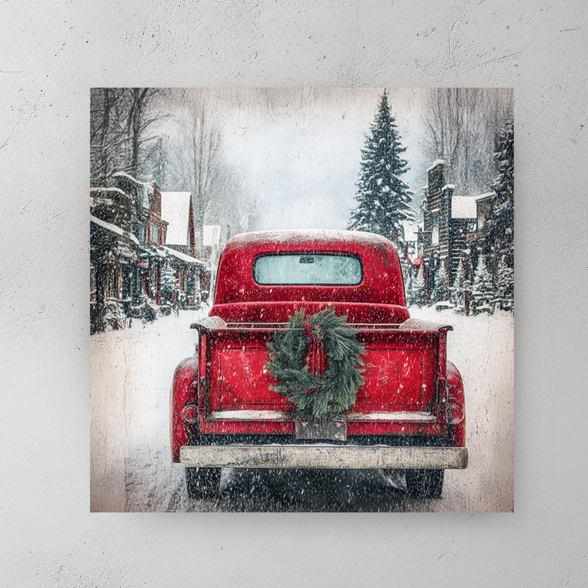 rustic red Christmas truck winter wall art print