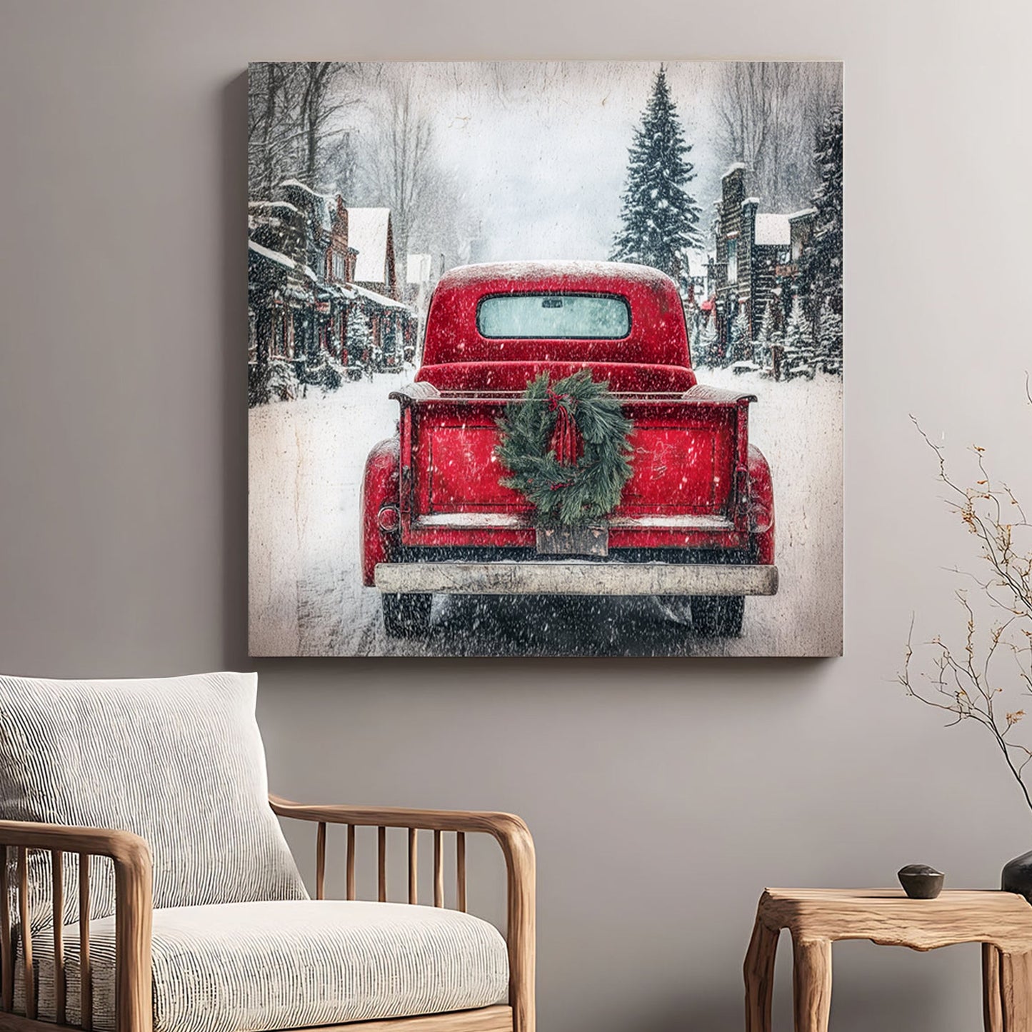 rustic red Christmas truck winter wall art print