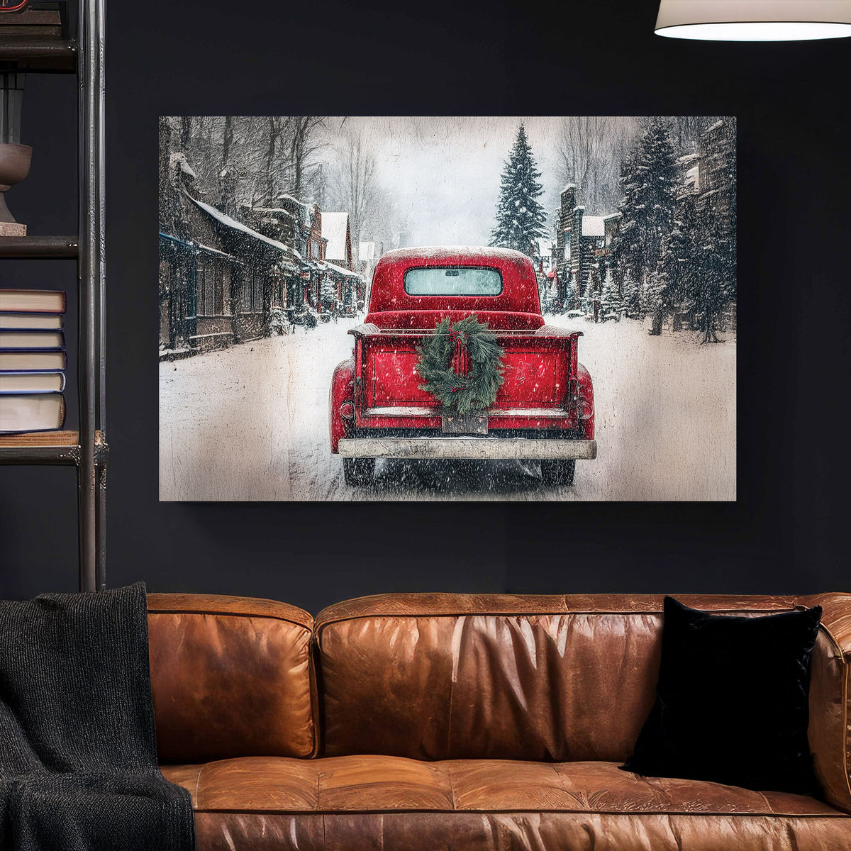 vintage farmhouse red truck on canvas