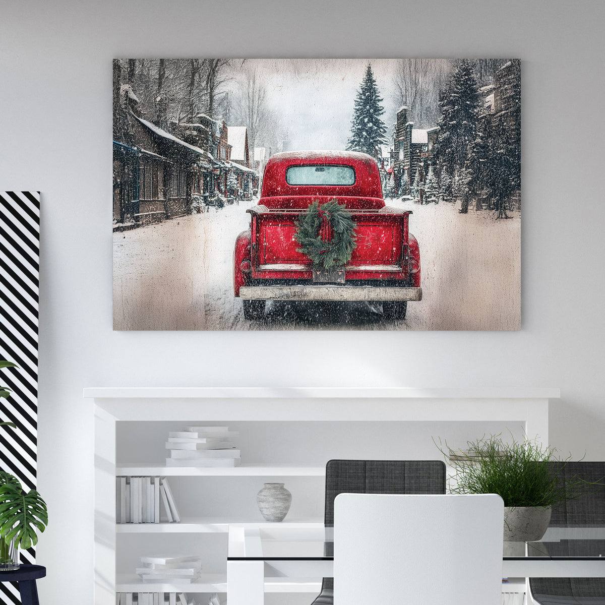 vintage farmhouse red truck on canvas
