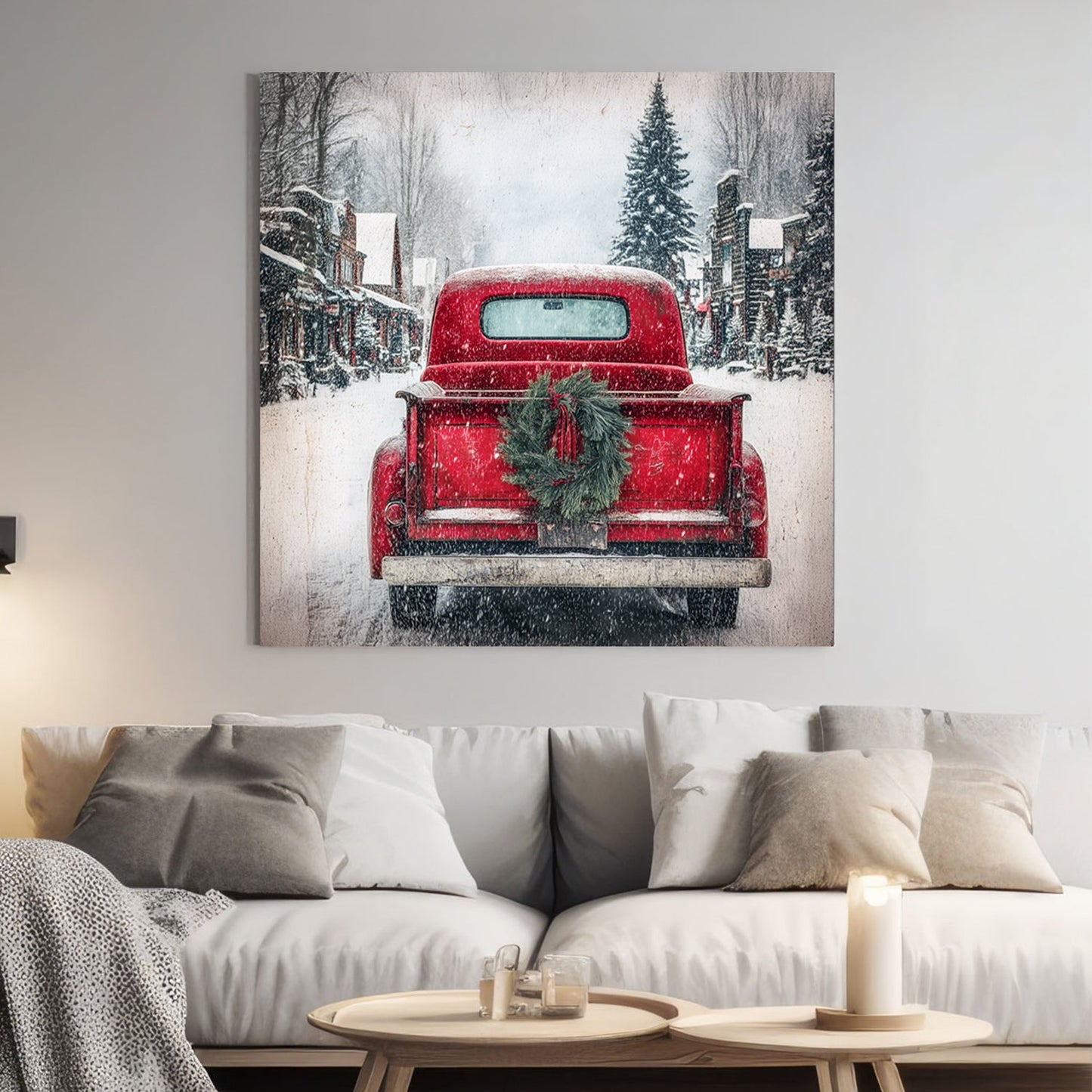 rustic red Christmas truck winter wall art print