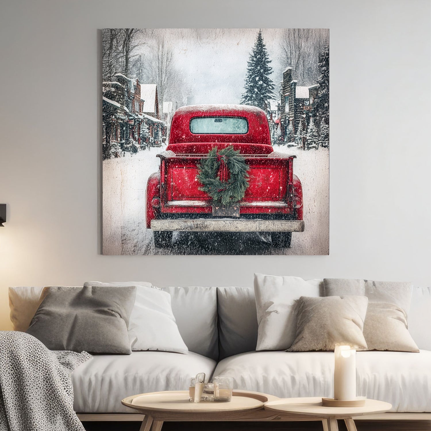 rustic red Christmas truck winter wall art print
