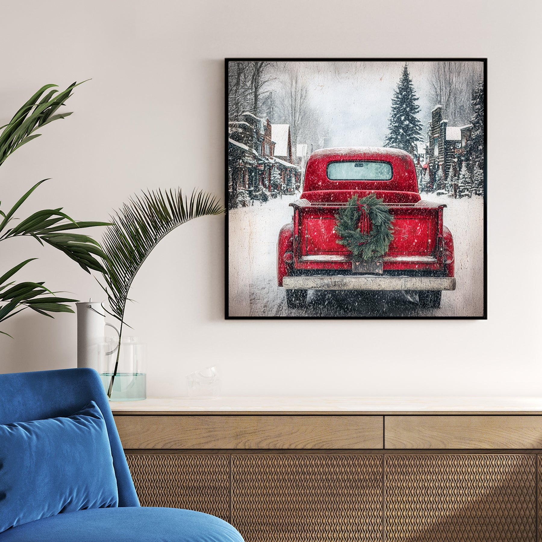 rustic red Christmas truck winter wall art print