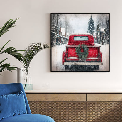rustic red Christmas truck winter wall art print