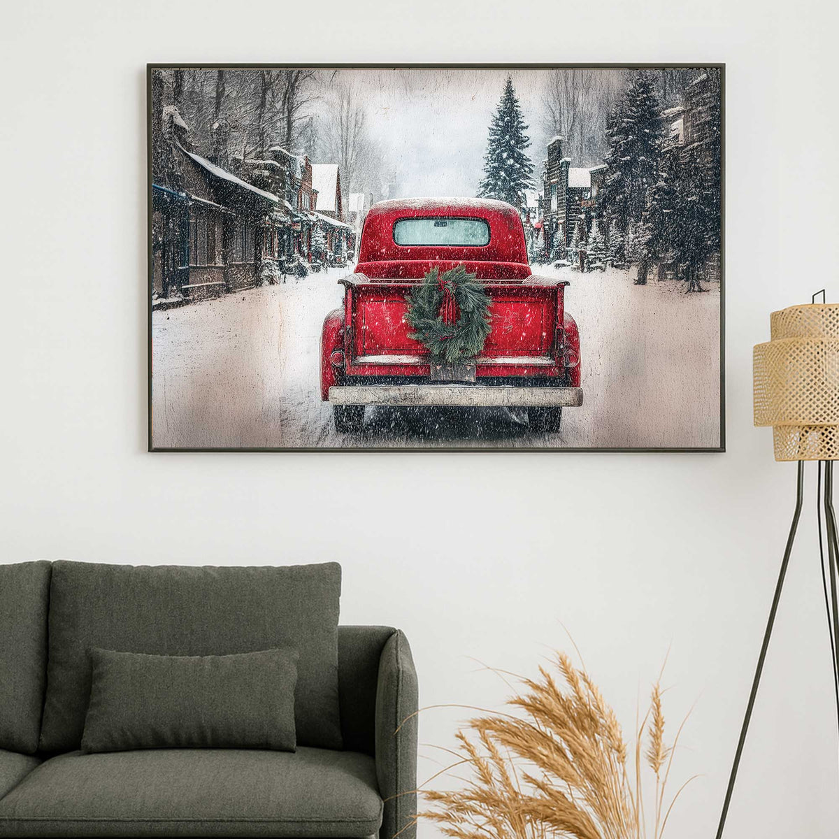 vintage farmhouse red truck on framed canvas