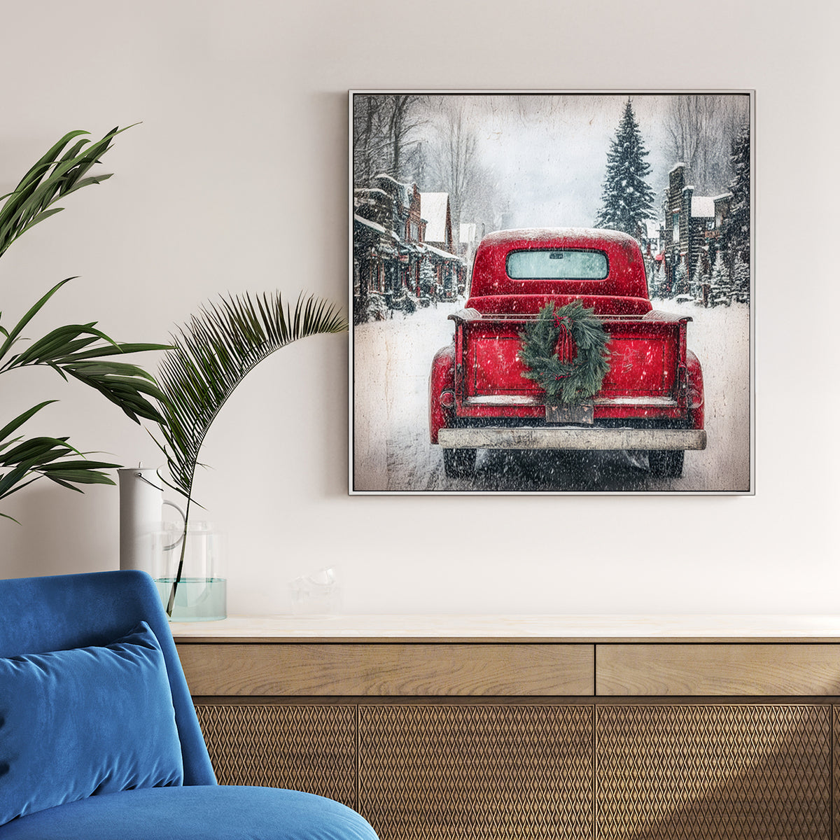 rustic red Christmas truck winter wall art print