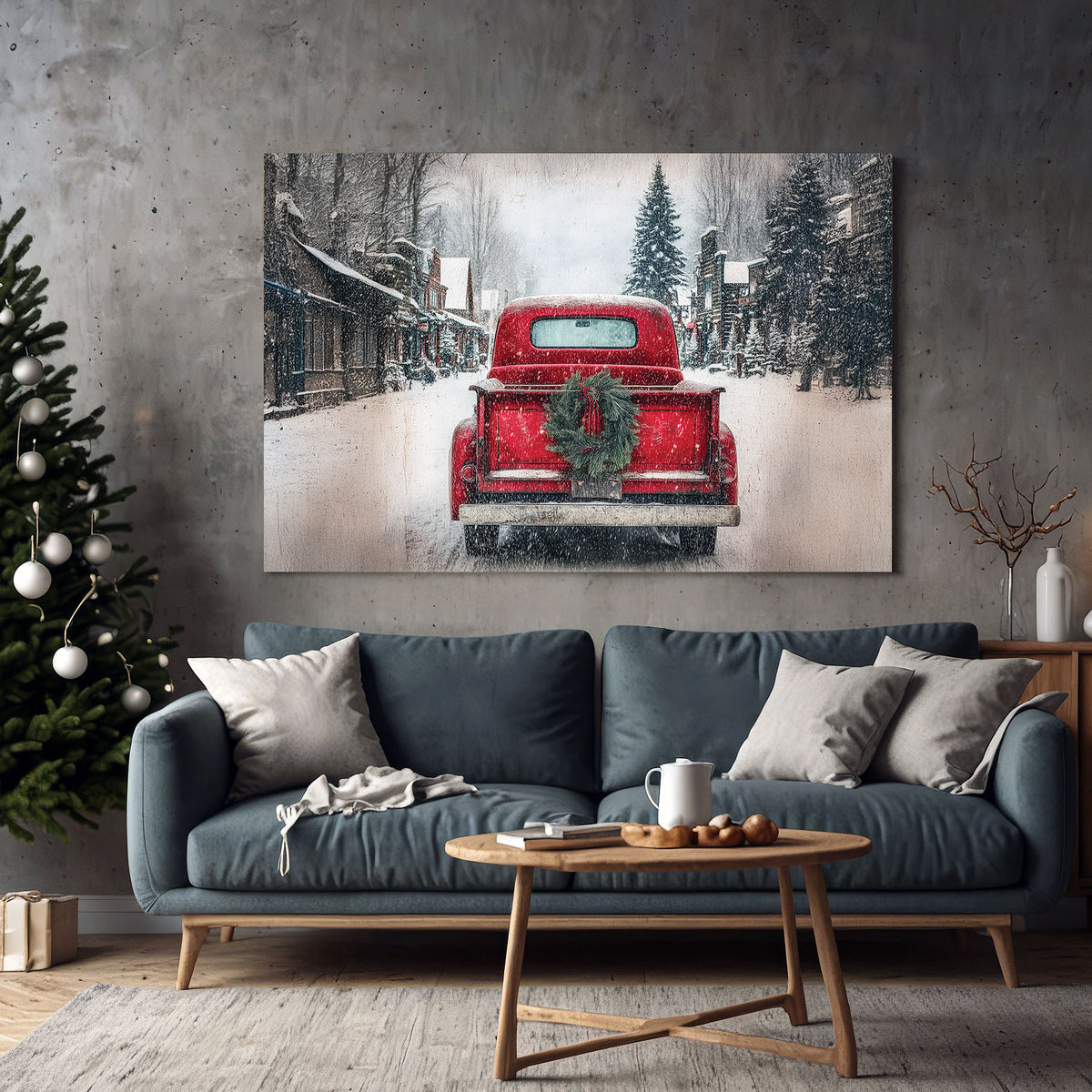vintage farmhouse red truck on canvas