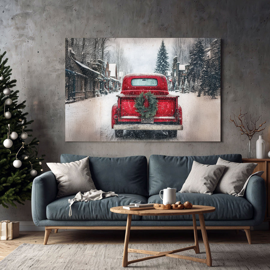 vintage farmhouse red truck on canvas