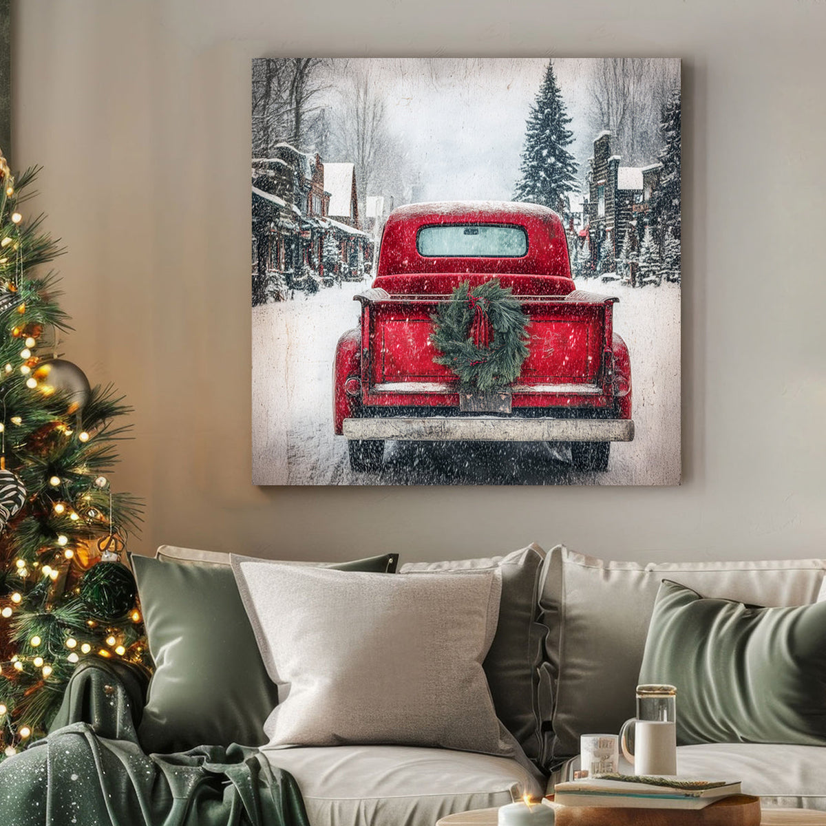 rustic red Christmas truck winter wall art print