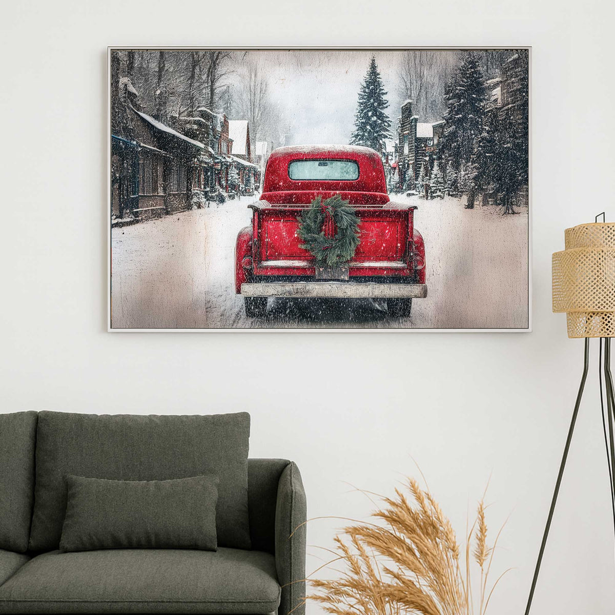 vintage farmhouse red truck on canvas
