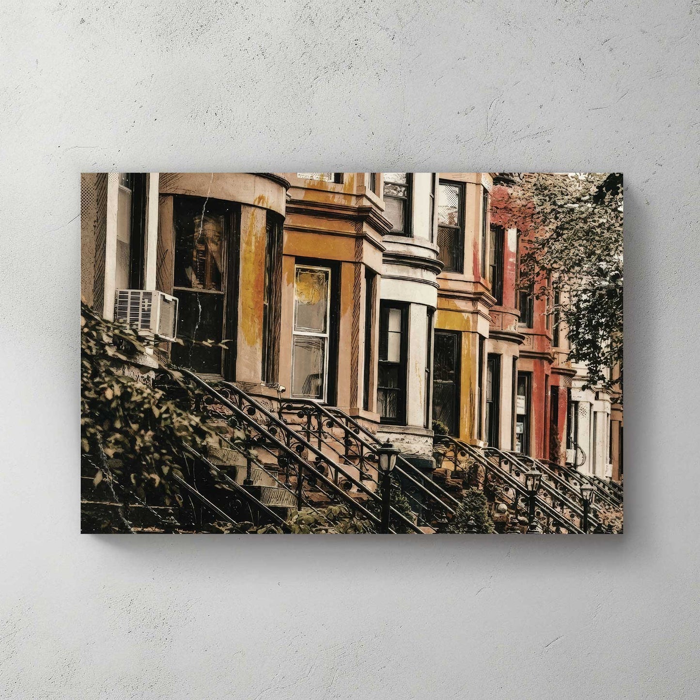 Vintage New York brownstones wall art with warm tones and urban character