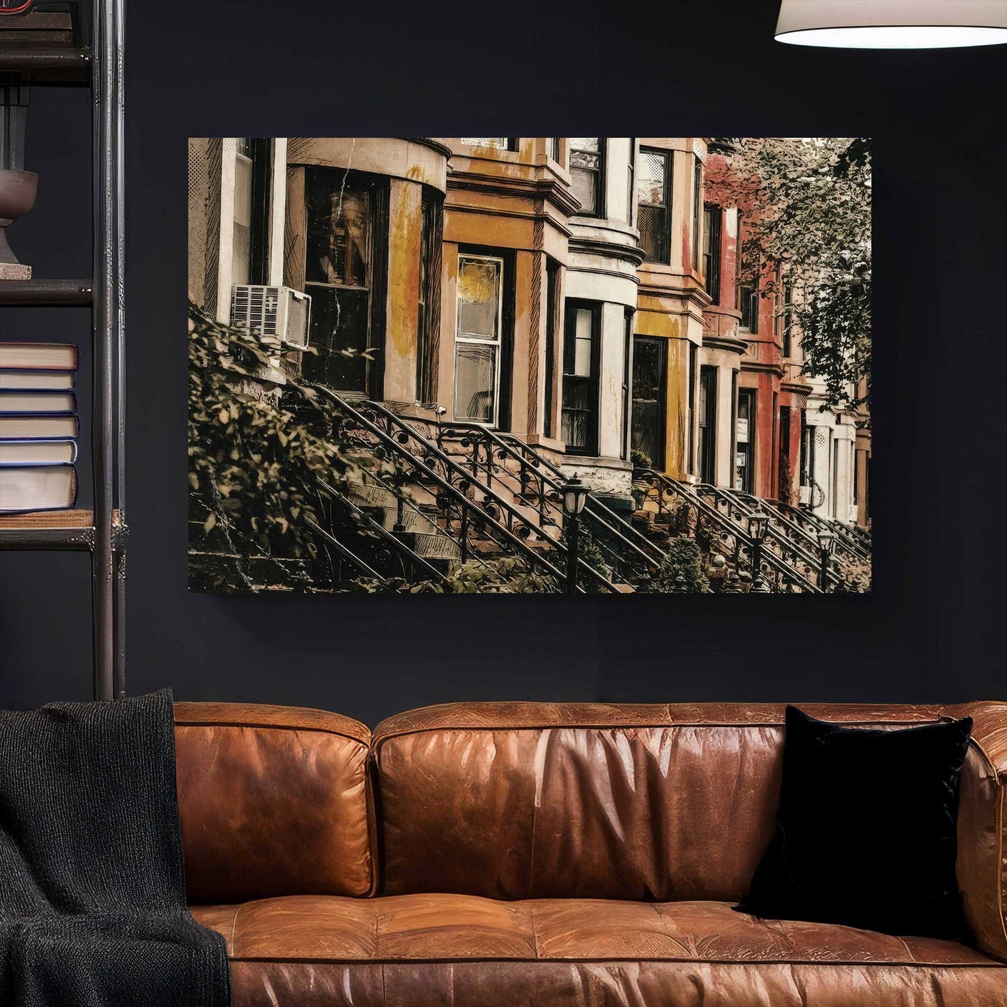 Vintage New York brownstones wall art with warm tones and urban character