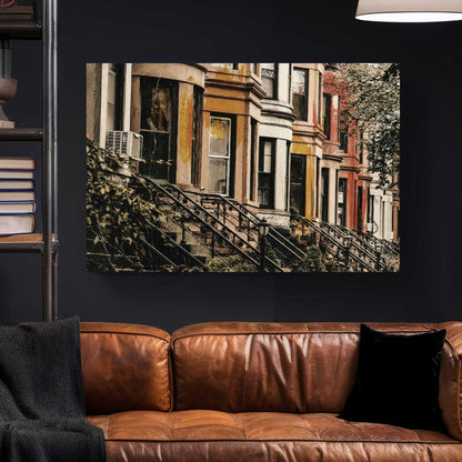 Vintage New York brownstones wall art with warm tones and urban character