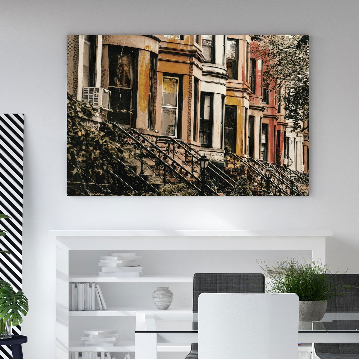 Vintage New York brownstones wall art with warm tones and urban character