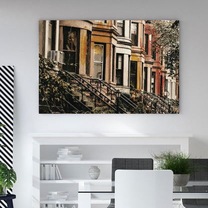 Vintage New York brownstones wall art with warm tones and urban character