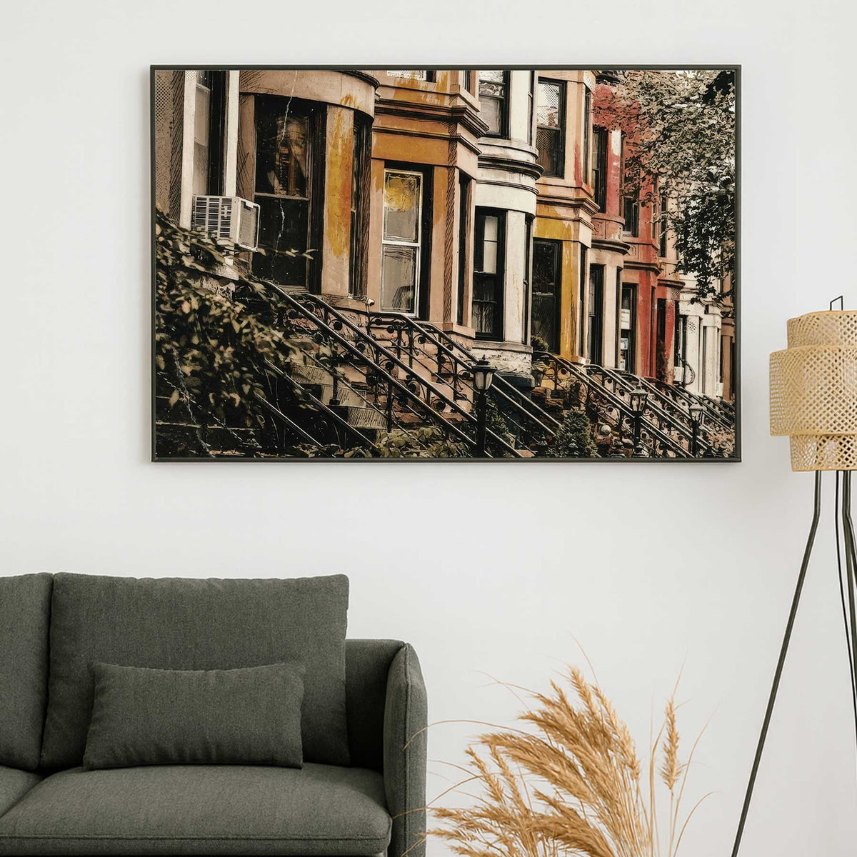 Framed canvas vintage New York brownstones wall art with warm tones