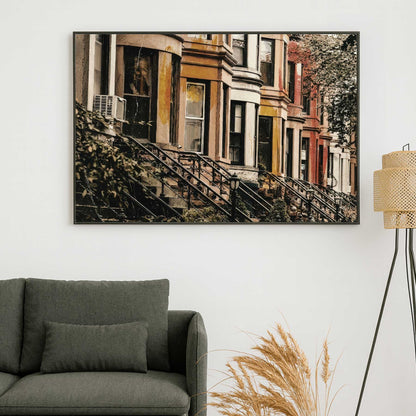 Framed canvas vintage New York brownstones wall art with warm tones
