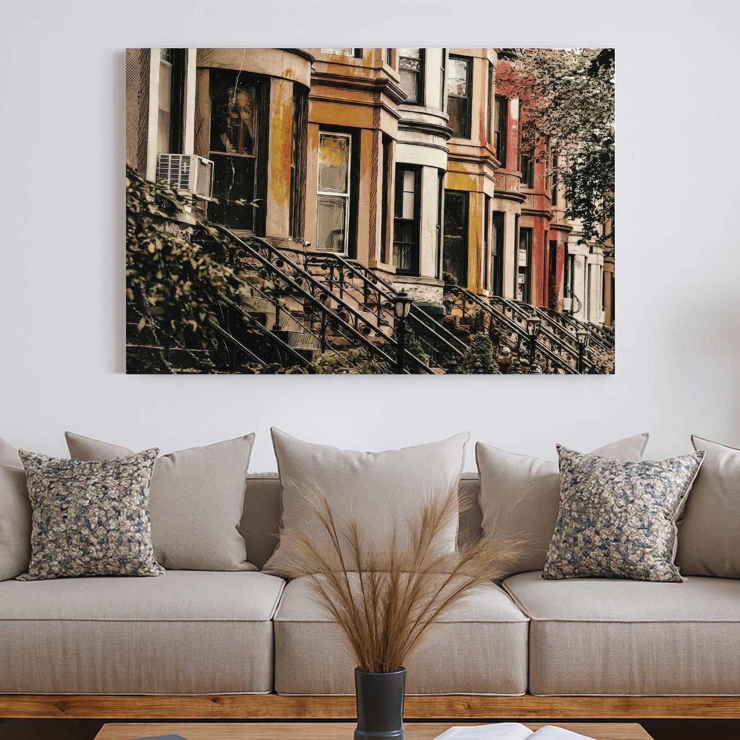 Vintage New York brownstones wall art with warm tones and urban character