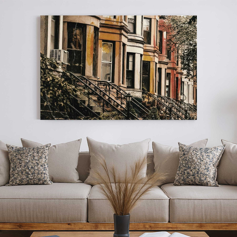 Vintage New York brownstones wall art with warm tones and urban character