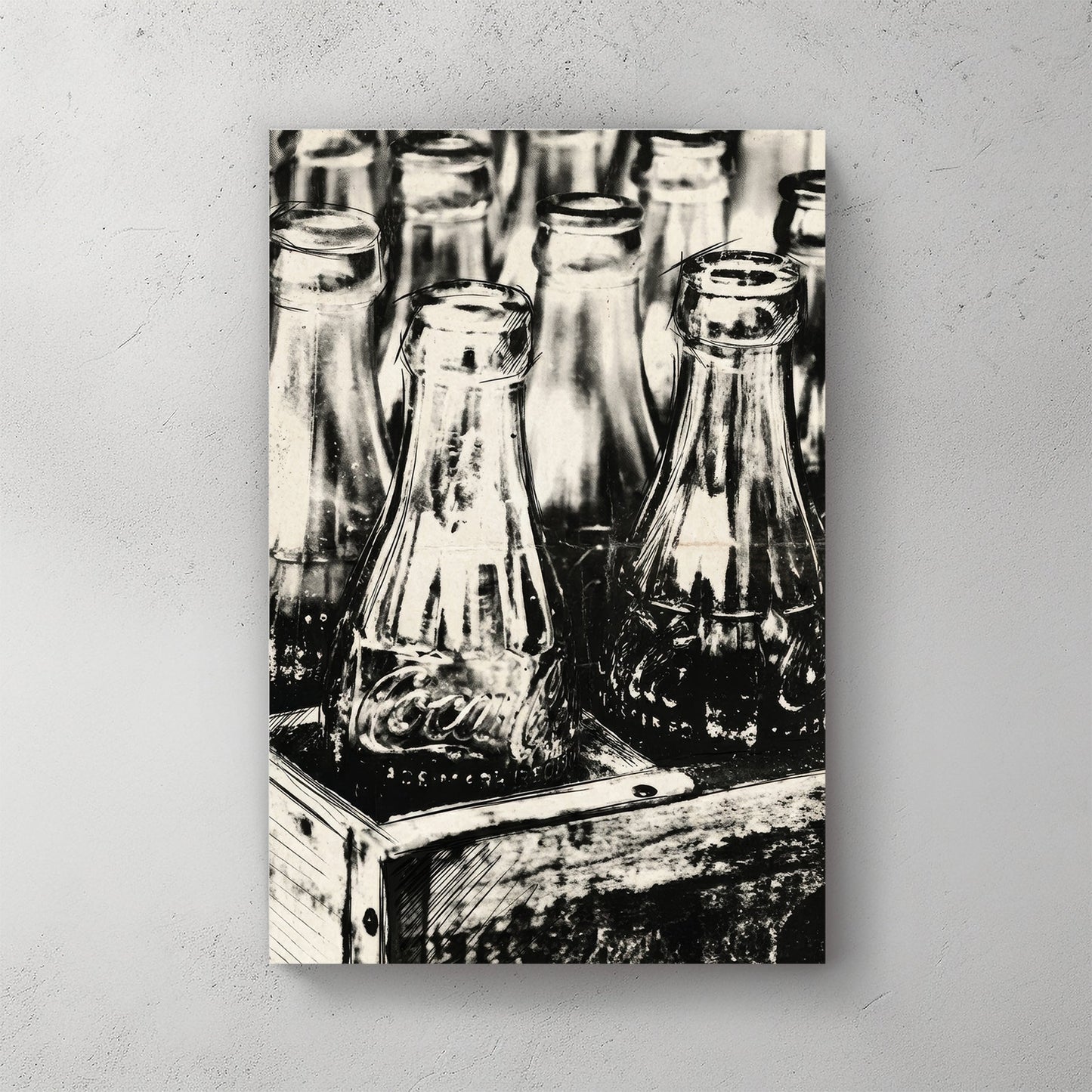 Monochrome illustration of vintage Coca-Cola bottles in a crate wall art.