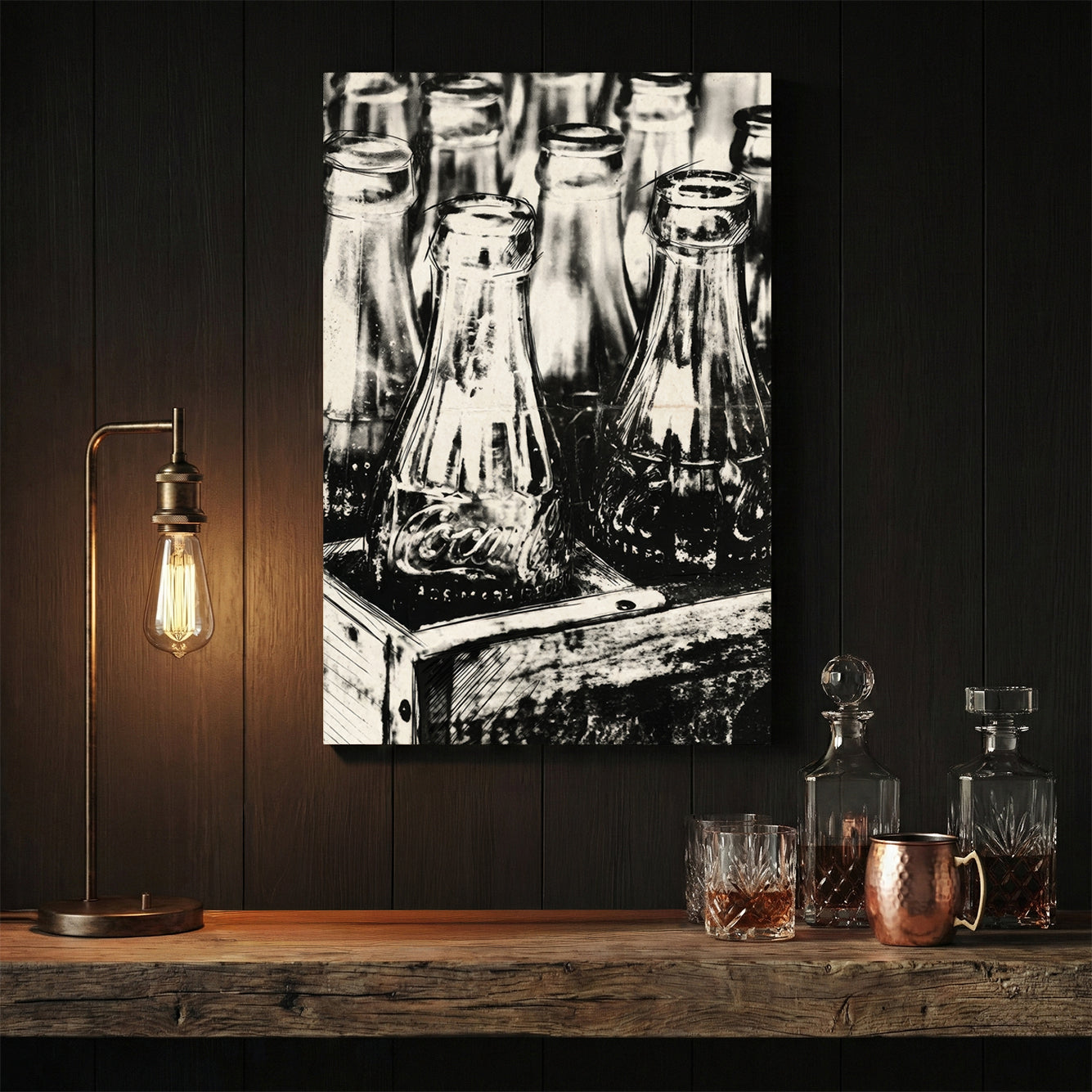 Monochrome illustration of vintage Coca-Cola bottles in a crate wall art.