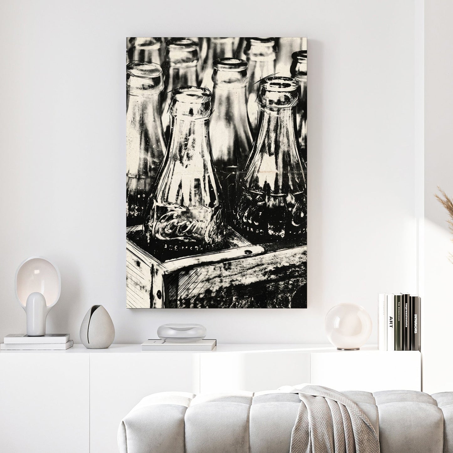 Monochrome illustration of vintage Coca-Cola bottles in a crate wall art.