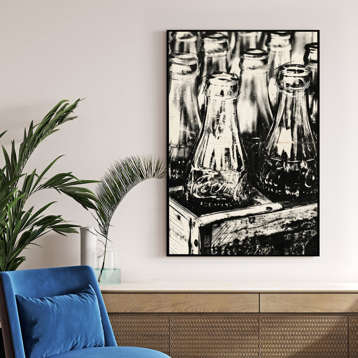 Monochrome illustration of vintage Coca-Cola bottles in a crate wall art.