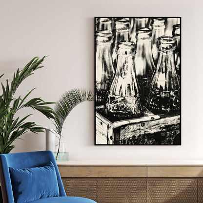 Monochrome illustration of vintage Coca-Cola bottles in a crate wall art.