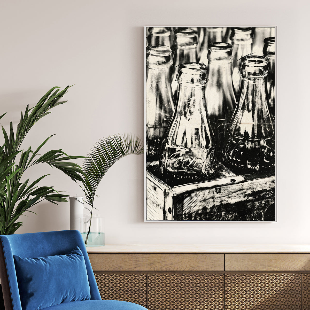 Monochrome illustration of vintage Coca-Cola bottles in a crate wall art.