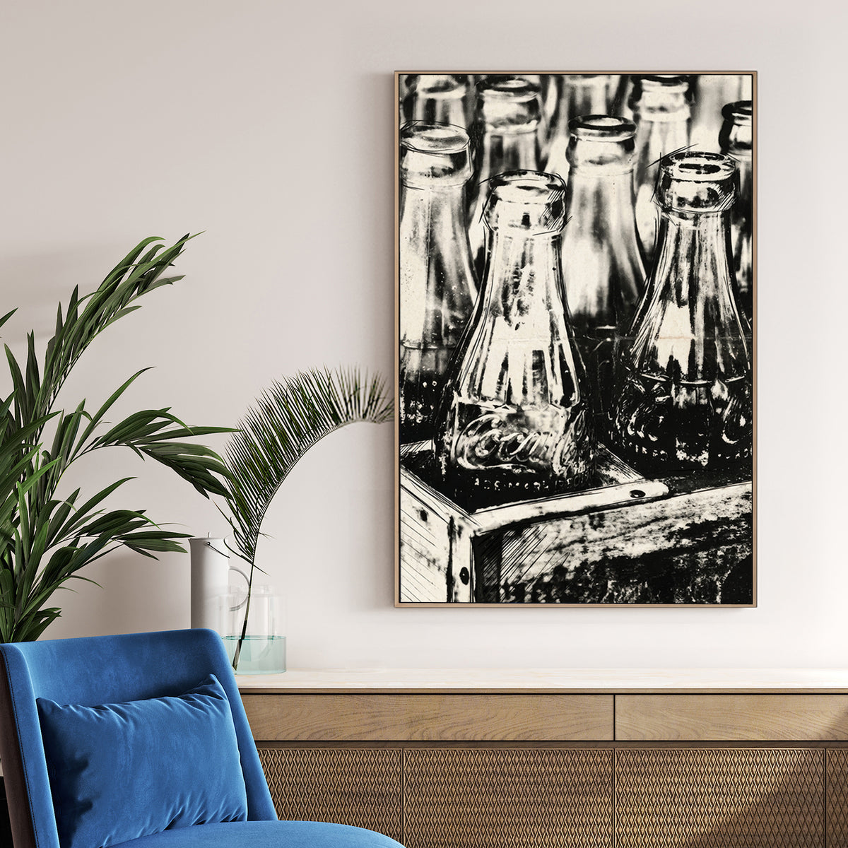 Monochrome illustration of vintage Coca-Cola bottles in a crate wall art.