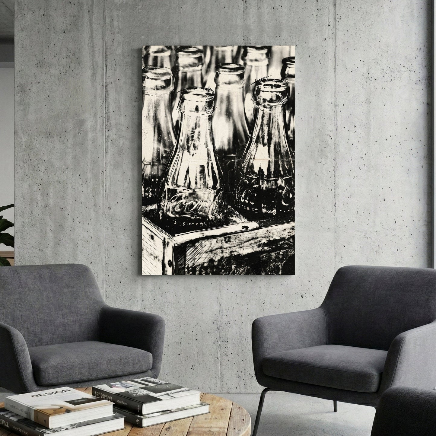 Monochrome illustration of vintage Coca-Cola bottles in a crate wall art.