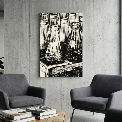 Monochrome illustration of vintage Coca-Cola bottles in a crate wall art.