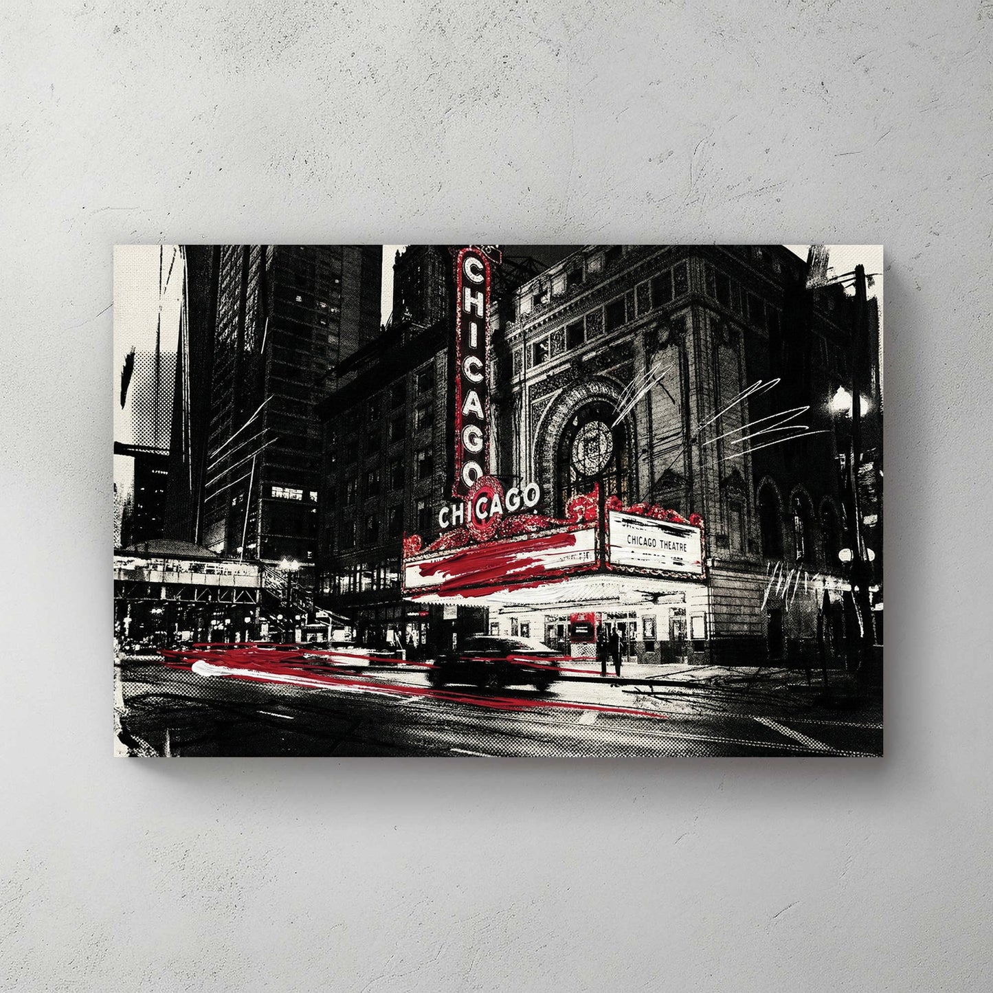 Street art style wall art of the Chicago Theatre marquee in black, white, and red.