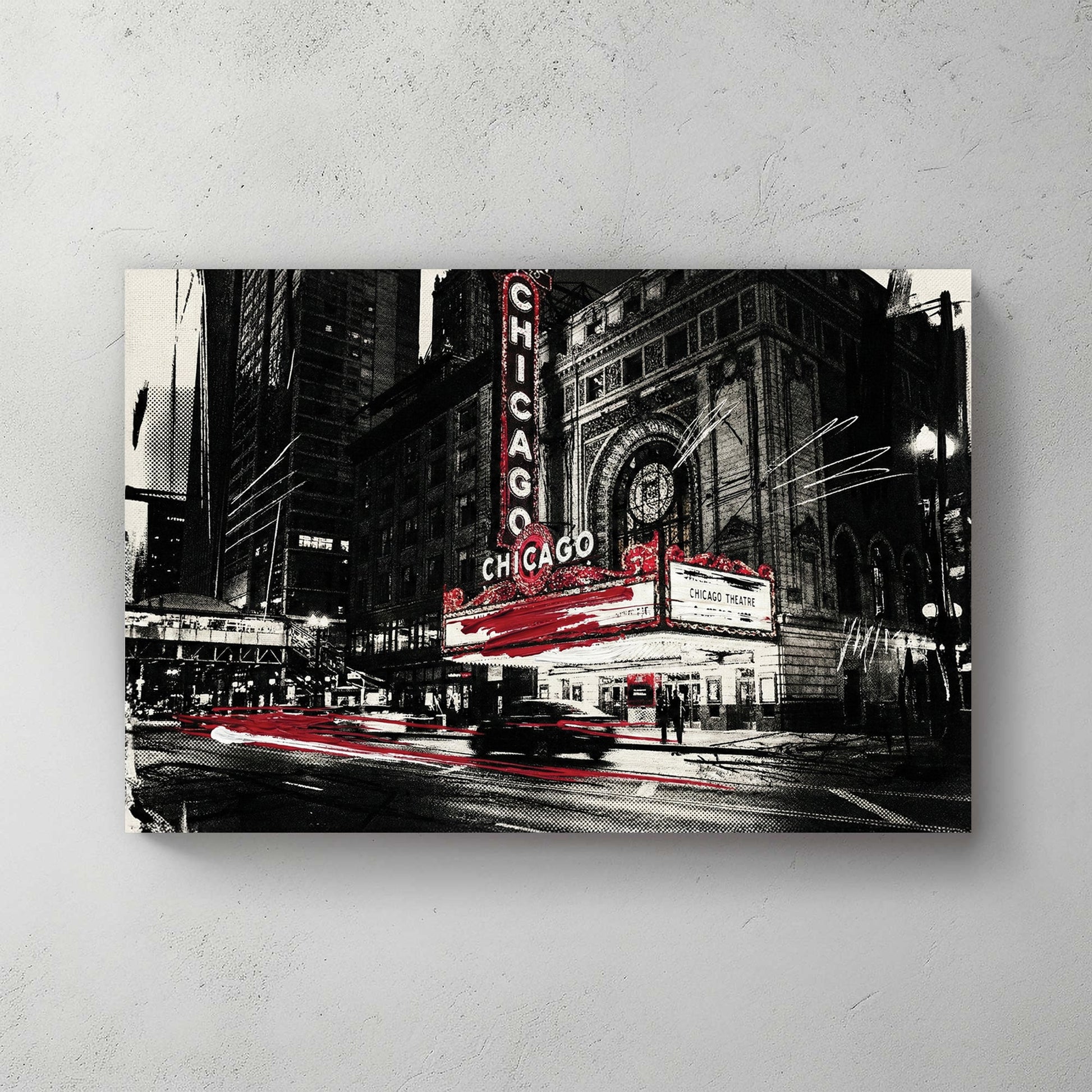 Street art style wall art of the Chicago Theatre marquee in black, white, and red.