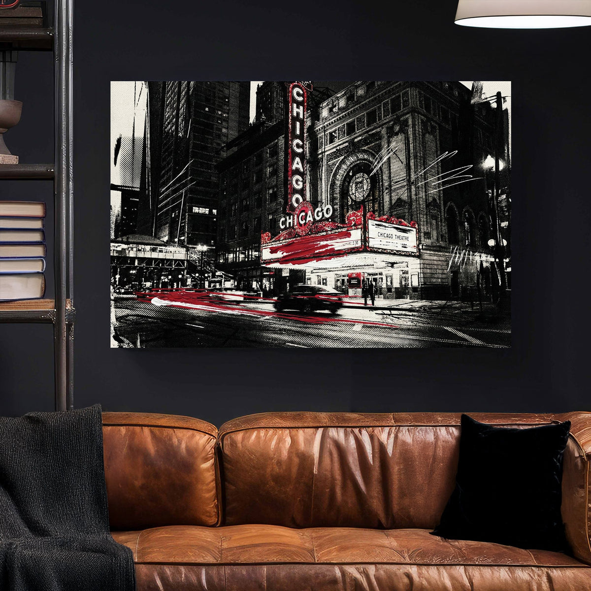 Street art style wall art of the Chicago Theatre marquee in black, white, and red.